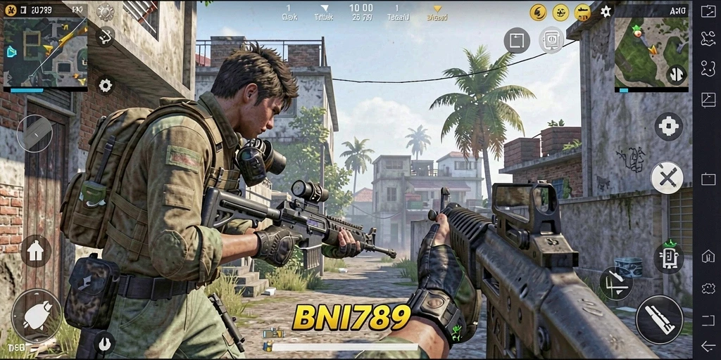 Screenshot menampilkan aksi pertempuran intens dalam BNI789.