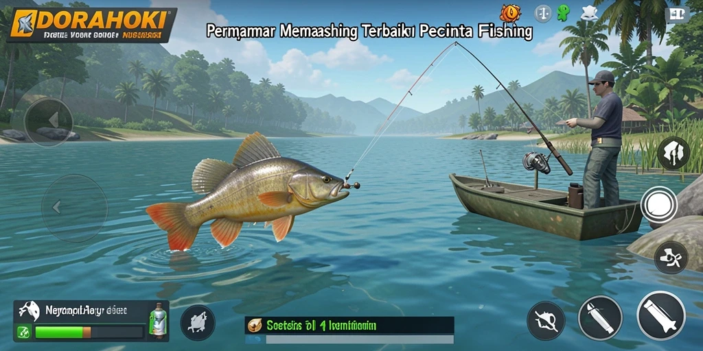Gameplay menarik di DORAHOKI saat menangkap ikan.