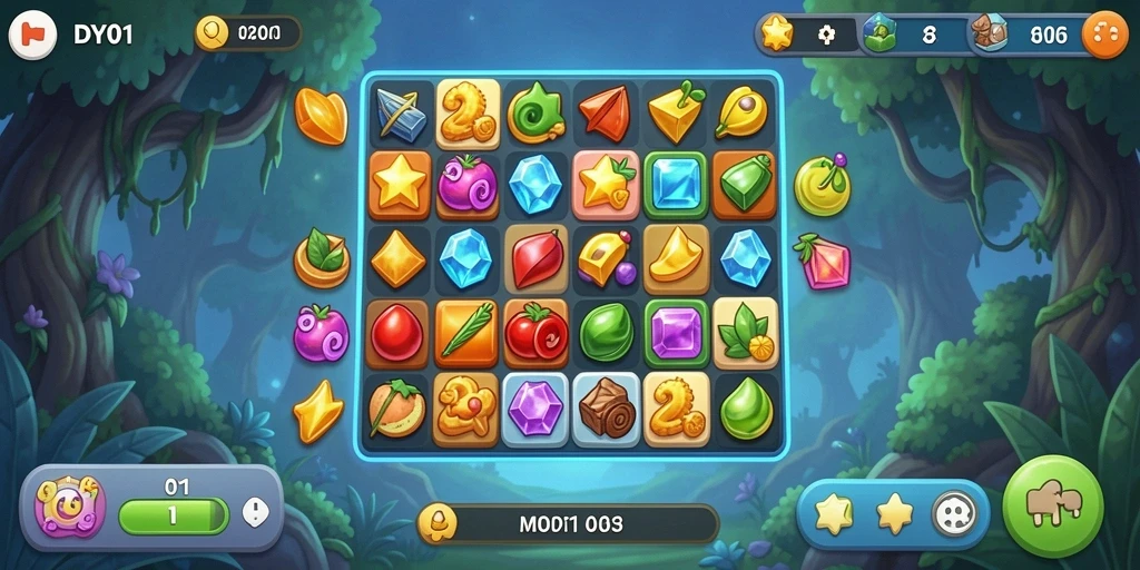 Tampilan gameplay DY01 yang mendebarkan dengan elemen match-3 yang berwarna-warni.
