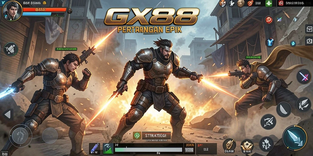 Tampilan gameplay GX88 dengan pertarungan yang mendebarkan dan karakter berwarna-warni.
