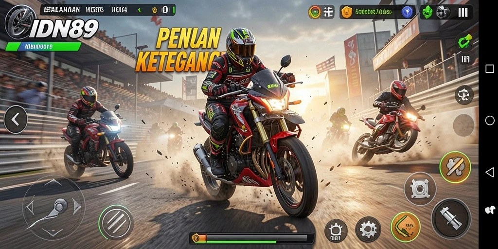 Tampilan gameplay menegangkan dari balapan motor di IDN89.
