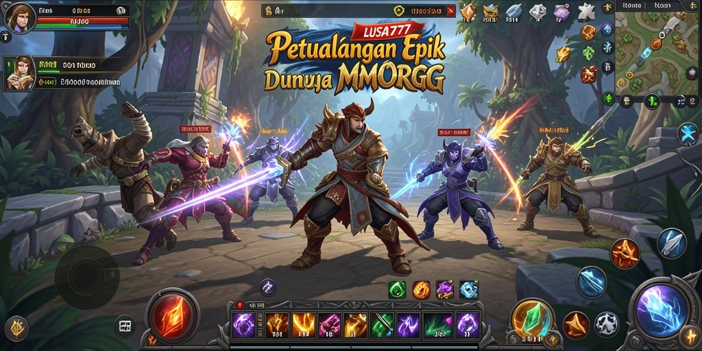 Tangkapan layar utama LUSA777 menunjukkan adegan epik dari gameplay MMORPG yang intens.