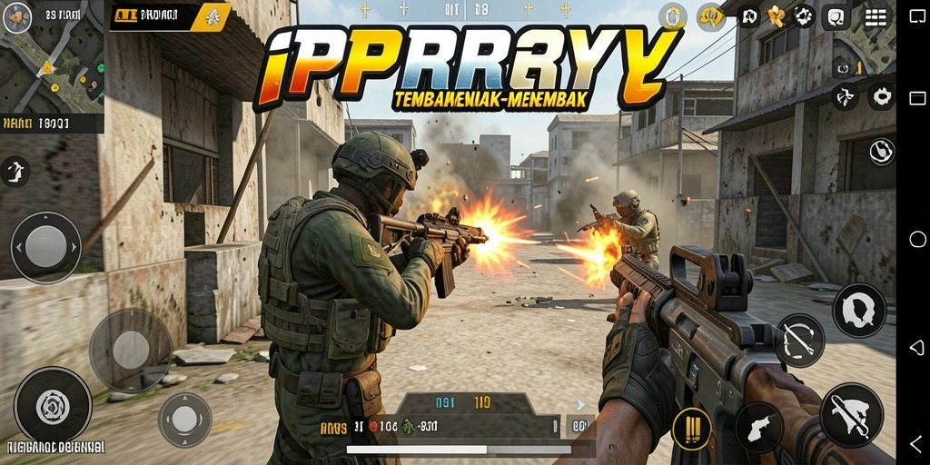 Screenshot utama <strong>PPRRYY</strong> yang menunjukkan aksi tembak-menembak yang seru.